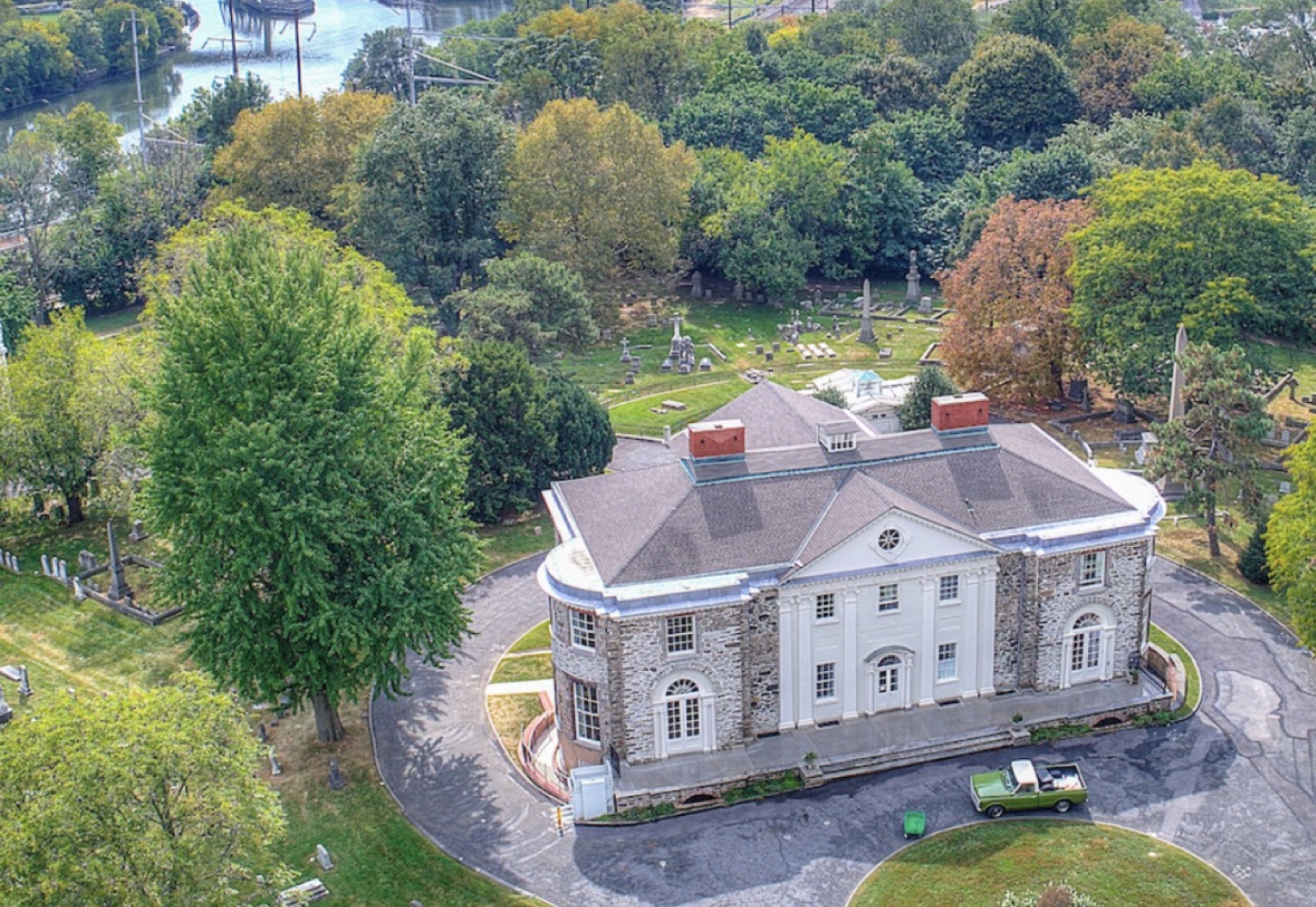 Aerial view of The Woodlands mansion and grounds